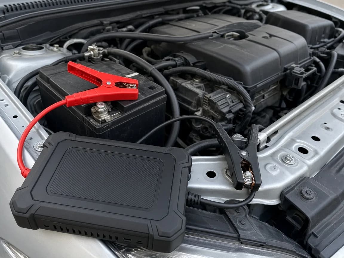 Service illustration: a portable jump starter connected at an engine bay