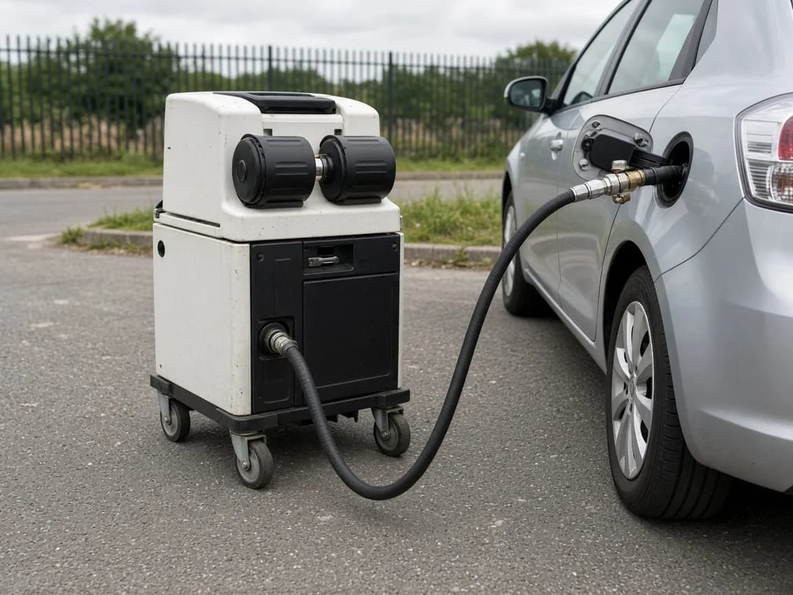 Service illustration: specialist fuel-drain equipment alongside a stationary car