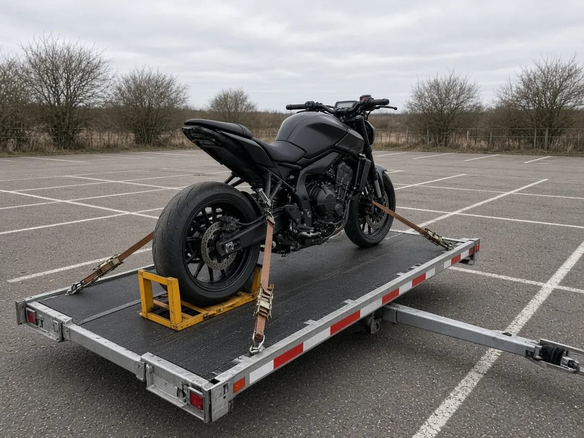 Service illustration: a motorcycle secured upright on a recovery deck