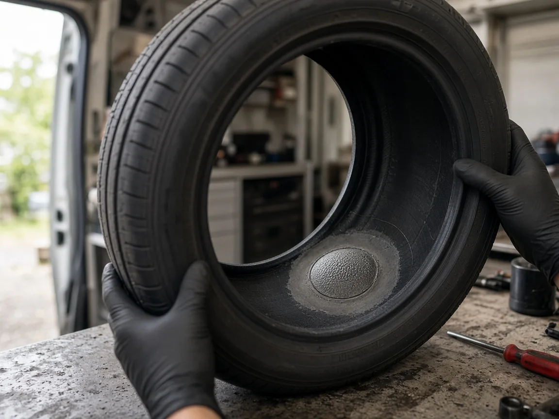 Service illustration: a dismounted tyre being inspected for an internal repair
