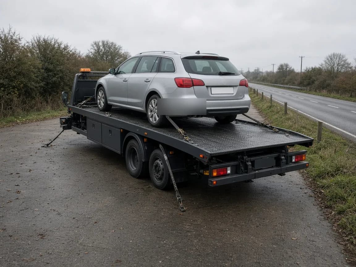 Service illustration: a car secured on a flatbed recovery truck in daylight